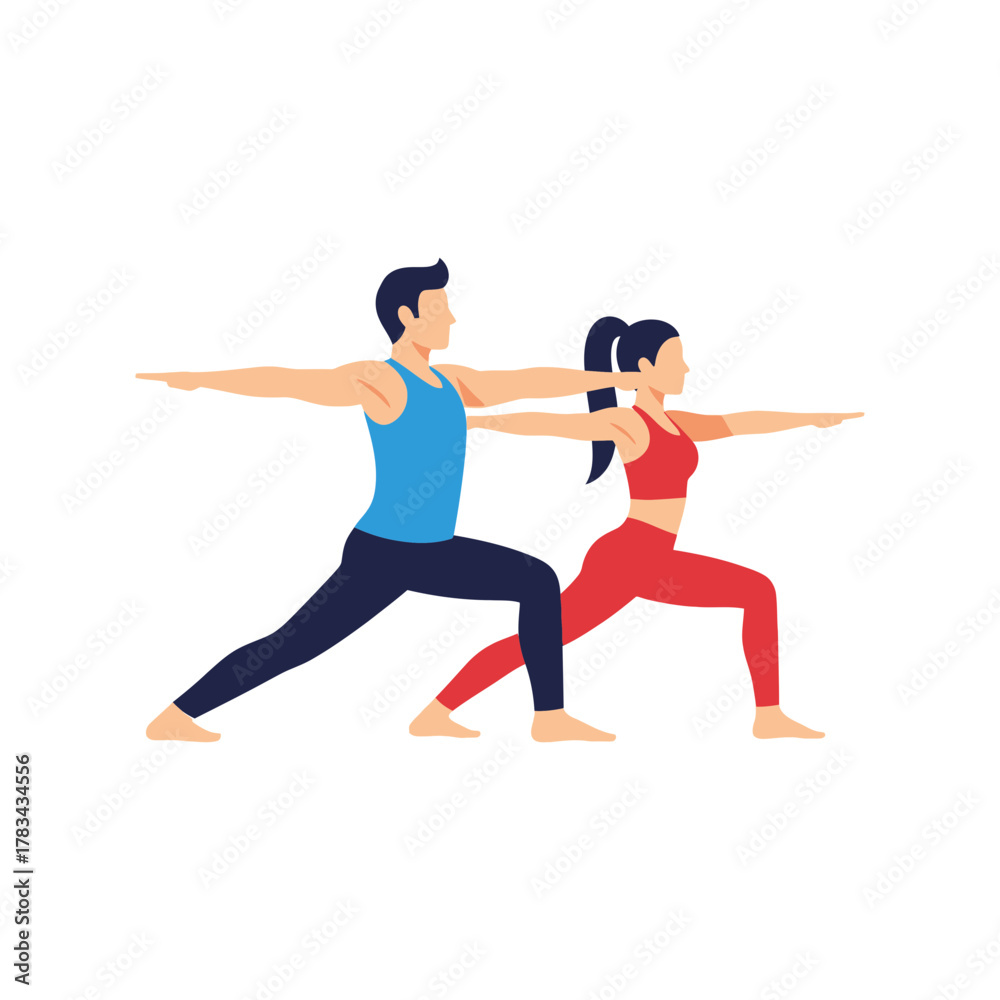 Fototapeta premium Man and woman doing yoga pose stretching arms and legs.