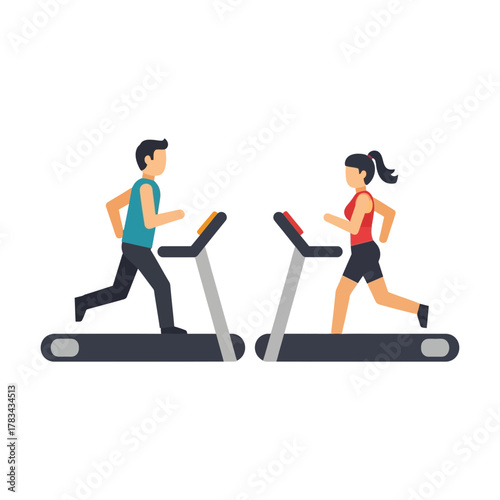 Man and woman running on treadmills exercising fitness health lifestyle activity.