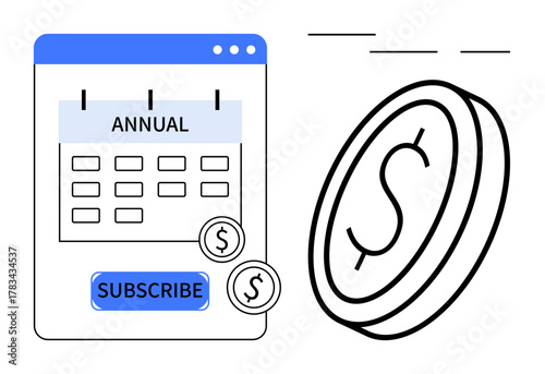 Calendar interface with Annual label, subscribe button, dollar icons, and a coin. Ideal for subscription service, payment model, fintech, budgeting e-commerce business marketing. Simple flat