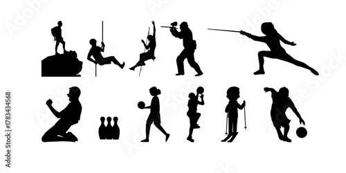 Diverse silhouettes of people enjoying sports and activities, climbing, fencing, paintball, skiing, bowling, basketball, celebrating, sportsmanship, vector