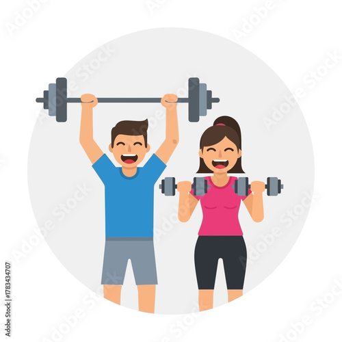 Man lifting barbell and woman lifting dumbbells smiling exercising together.