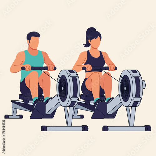 Two people are exercising using rowing machines in a fitness setting.