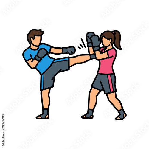 Man kicks woman wearing boxing gloves in a martial arts sparring session.