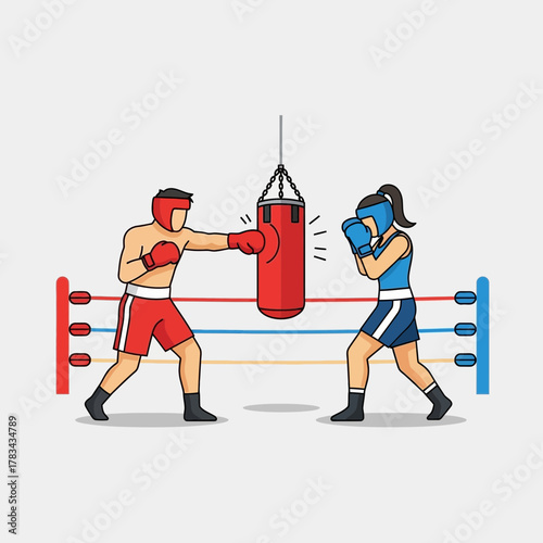 Two boxers practice boxing in a ring one punching a punching bag.