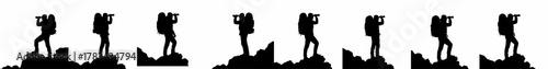 Set of vector silhouettes showing hikers with binoculars and large backpacks standing on rocky outcrops, isolated on white background.