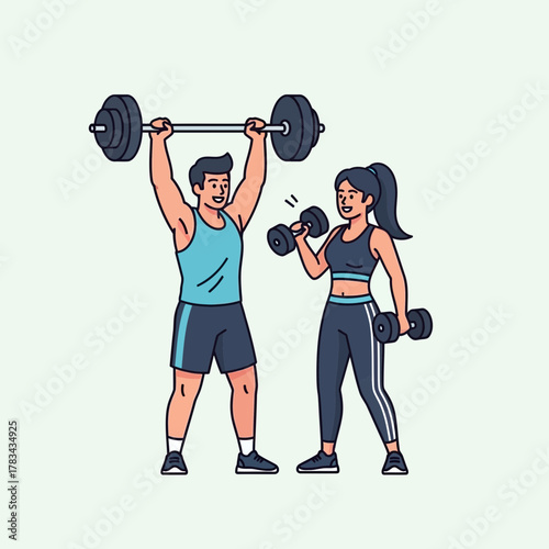 Man lifts barbell overhead woman lifts dumbbells fitness exercise workout illustration.