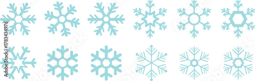 Snow Flake icon set. Minimalist winter symbols. Abstract geometric vector graphic element for New Year design. Crayon hand drawn snow flake collection. Isolated linear snow flake pictogram collection.