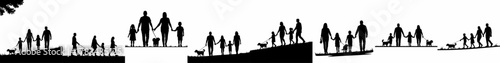 Black silhouettes of diverse families and individuals enjoying outdoor walks with their dogs across varied terrain, symbolizing recreation and bonding.