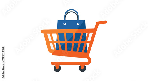 Blue shopping bag placed inside an orange grocery cart silhouette