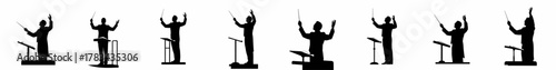 Collection of 8 black silhouettes featuring dynamic orchestra conductors leading a performance with a baton and music stand, isolated on white.