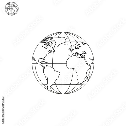 Detailed black and white line art illustration of a globe with continents and grid lines.