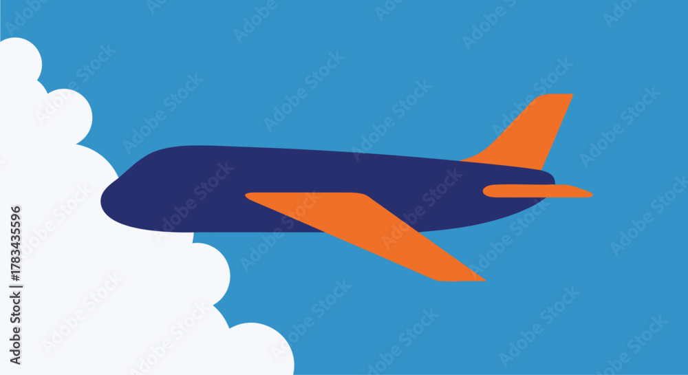 Fototapeta premium A minimalist depiction of a blue and orange airplane flying through clouds silhouette