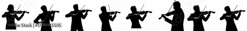 A collection of stylized black silhouettes depicting professional musicians playing the violin and viola, isolated on white background.