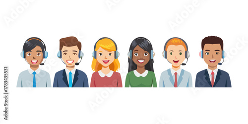 Call center, hotline flat vector illustrations. Smiling office workers with headsets cartoon characters. Customer support department staff, telemarketing agents. Multiethnic, diverse team.
