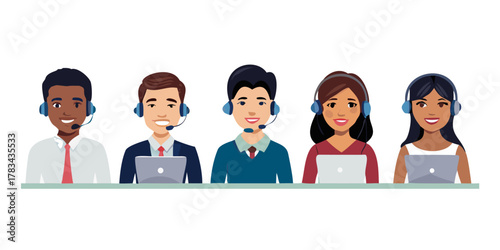 Call center, hotline flat vector illustrations. Smiling office workers with headsets cartoon characters. Customer support department staff, telemarketing agents. Multiethnic, diverse team.
