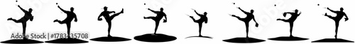 Dynamic silhouette vector sequence of a baseball pitcher demonstrating the full wind-up and throw motion on the mound, isolated on white.