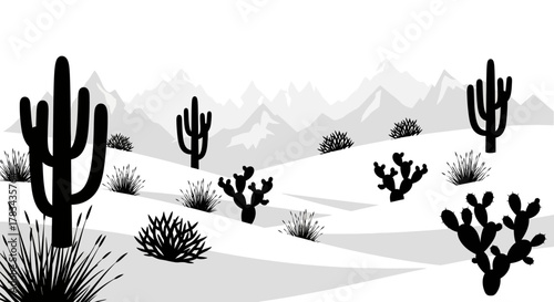 Stylized black and white desert panorama featuring iconic saguaro and prickly pear cacti with native scrub brush on rolling hills and distant mountains, graphic vector art