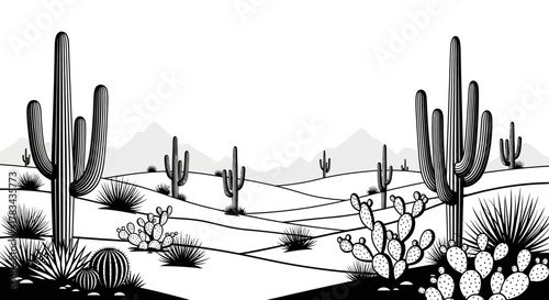 Desert landscape with saguaro cacti, prickly pear, and various succulents under a vast sky, depicted in a monochrome, graphic, vector art style, illustrating arid beauty.