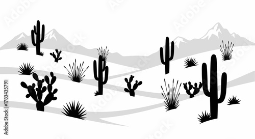 Minimalist black and white desert landscape with various cactus silhouettes and sparse vegetation under a clear sky, framed by distant mountains.