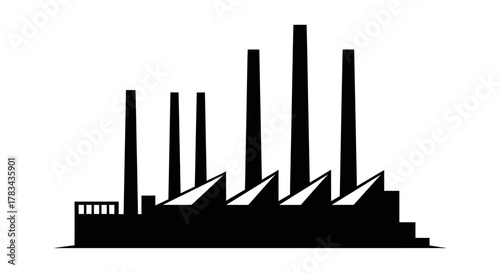 Stylized industrial factory building silhouette with multiple towering smokestacks and a sawtooth roof, symbolizing manufacturing, production, economy, and environment.