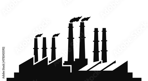 Industrial factory with smoking smokestacks silhouette against clean white background representing pollution, energy, manufacturing, and environmental concerns