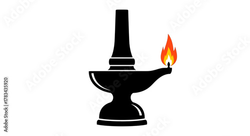 Traditional indian oil lamp diya with burning flame icon, religious symbol of light, wisdom, and festival celebration, isolated on white background for design element.