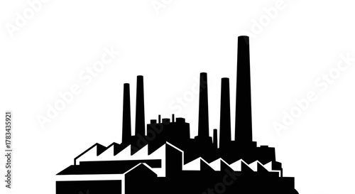 Industrial factory silhouette with multiple tall smokestacks and sawtooth roofs representing manufacturing, production, energy, pollution, industry, and economy.