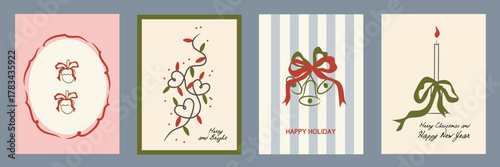 Hand drawn la dolce vita Christmas doodles. Vector illustration cards icon, bows, bell, candle. Minimalist winter line art for birthday, invitations, stationery, printables, social media, wall art.