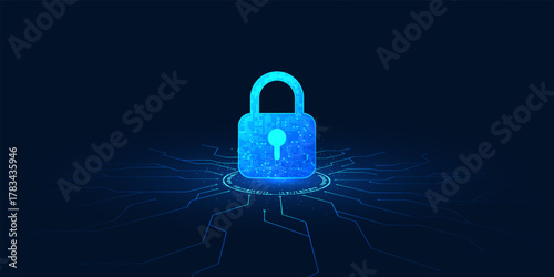 Cybersecurity background with a digital lock connected to technology circuits, symbolizing data protection, privacy, and advanced network security systems