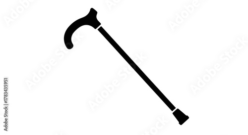 Cane or walking stick icon in black on a clean white background, symbolizing mobility assistance, support for elderly, disabled, or recovery patients.