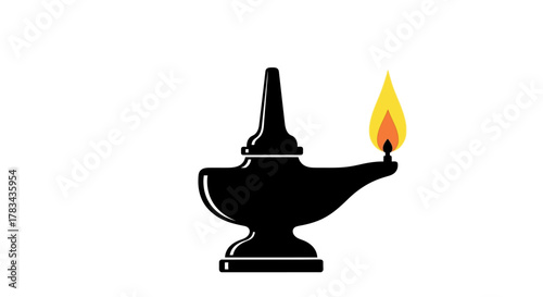 Ancient oil lamp vector icon with vibrant flame, a timeless symbol of knowledge, wisdom, discovery, and enlightenment, perfect for educational resources.