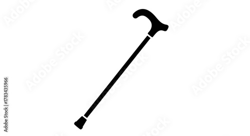 Black silhouette of a traditional walking stick or cane, symbolizing elderly mobility, assistance, and support on an isolated white background.