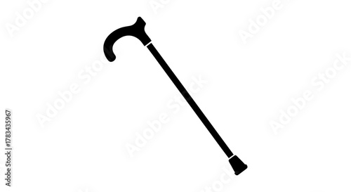 Black silhouette icon of a walking stick, also known as a cane, a simple graphic symbol representing mobility aid, support, and assistance, isolated on white.
