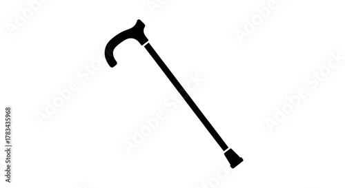 Black silhouette icon of a classic walking cane with curved handle, isolated on white, symbolizing support, mobility, old age, assistance, aid.