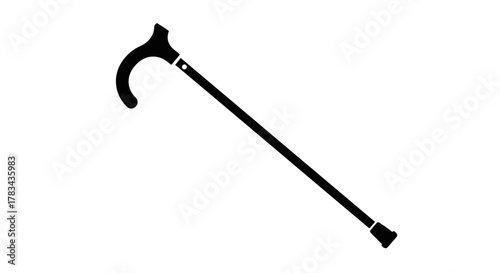 Black silhouette of a classic walking stick, a timeless mobility aid icon, essential support for the elderly and individuals needing assistance, promoting health.