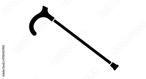 Black silhouette icon of a classic curved-handle walking stick or cane, symbolizing mobility aid, elderly support, assistance, and independence.