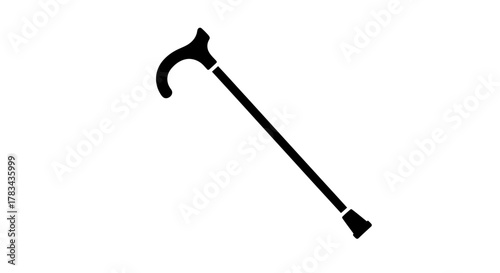 Black silhouette of a classic wooden walking cane with a curved handle, representing support, age, disability aid, and independence for elderly people.