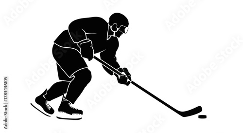 Dynamic silhouette illustration of an ice hockey player in action, wielding a stick to control the puck on the ice, embodying speed, skill, and competitive spirit in winter sports.
