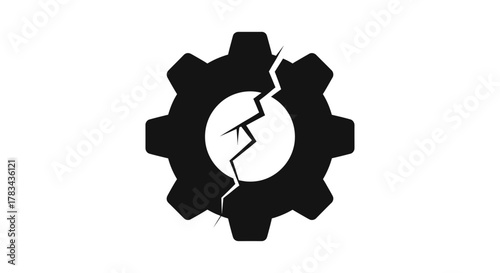 Broken black gear icon on white background symbolizing malfunction, system failure, maintenance needed, damage, industrial breakdown, and crisis.