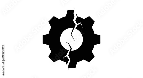 Broken black gear wheel icon representing system failure, malfunction, error, maintenance, repair, and technical issues on a clean white background.