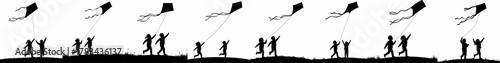 Black silhouette collection of children flying kites on a grassy hill, symbolizing carefree childhood and outdoor leisure activity.
