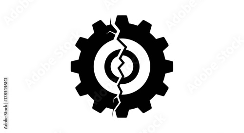 Broken black gear icon symbolizing system failure, technical problem, operational malfunction, maintenance, repair, crisis, disruption, and system breakdown