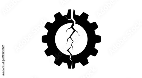 Cracked black gear icon on white background symbolizing mechanical breakdown, system failure, engineering problem, damage, crisis, and maintenance.