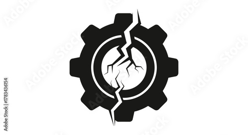 Cracked gear icon illustration representing system failure, mechanical breakdown, broken process, error, damage, and problem solution concept design