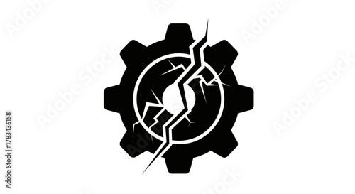 Broken black gear wheel icon on a clean white background symbolizing system failure, mechanical breakdown, error, crisis, damage, problem, and repair needs.
