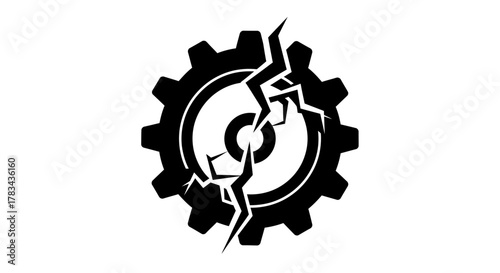 Broken gear icon representing system failure, mechanical breakdown, industrial crisis, maintenance issue, technological malfunction, and problem solving process