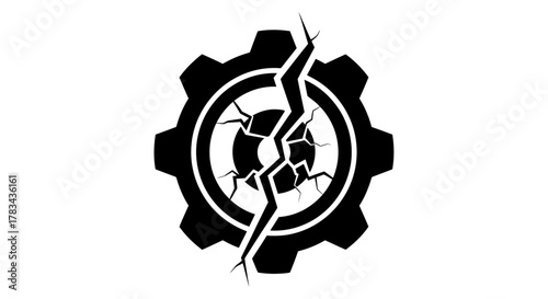 Broken gear icon representing system failure, mechanical breakdown, repair needs, technical issues, malfunction, and urgent maintenance solution.
