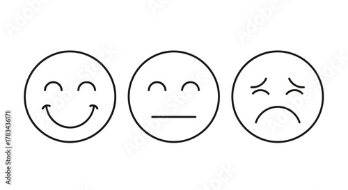 Three distinct facial emotion outline icons, representing happiness, neutrality, and sadness, ideal for expressing user satisfaction or mood scales.