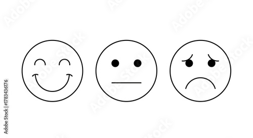 Outline icons depicting a range of customer feedback emotions, from a cheerful happy face to a neutral expression and a sad frowning face, for rating systems and surveys