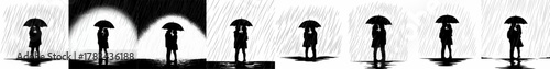 Romantic silhouettes of a couple embracing and kissing under an umbrella in heavy rain, black and white vector illustration.